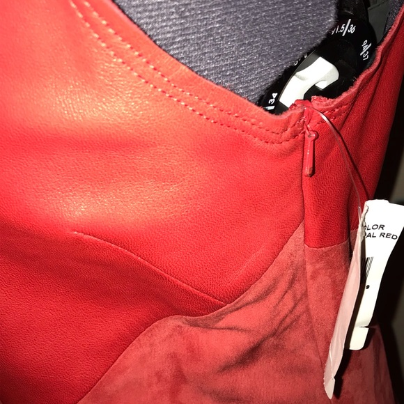 Red leather and suede asymmetric seam midi dress - Picture 3 of 7